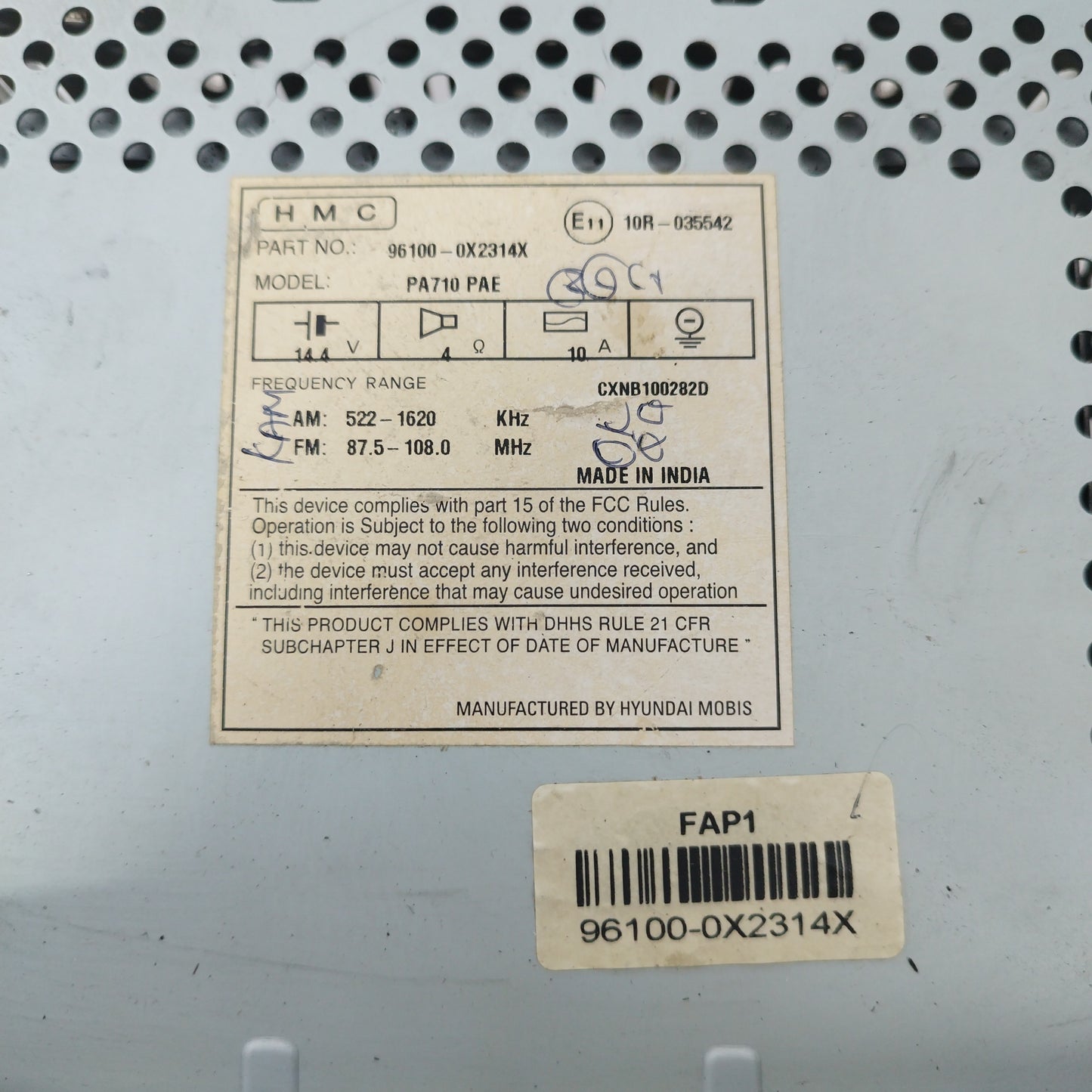 Car radio aux mp3 Hyundai i10 2010 Code 96100-0x2314x ecoAC3082