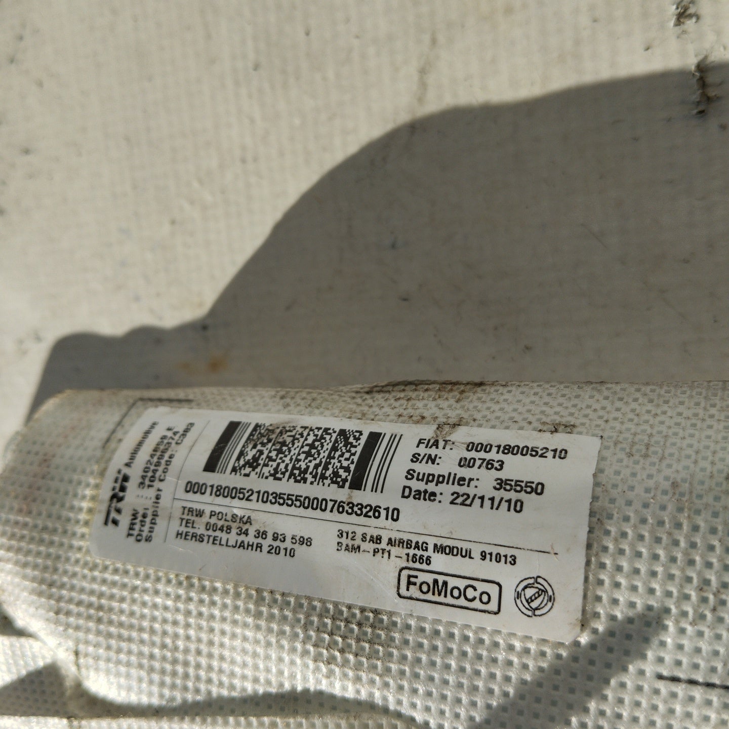 Right seat airbag Ford Ka 2013 code: 00018005210 ecoAG2593