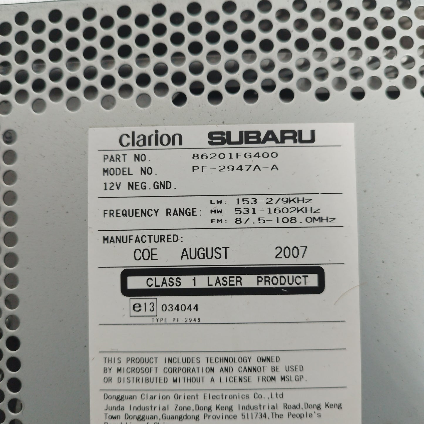 Subaru Impreza 2010 car radio code: PF-2947A-A ecoAC5920