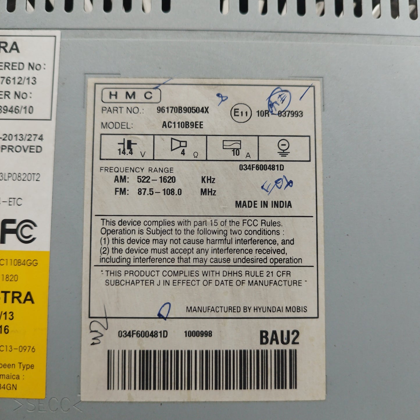 Hyundai I10 2015 car radio Code: 96170B90504X ecoAC6193