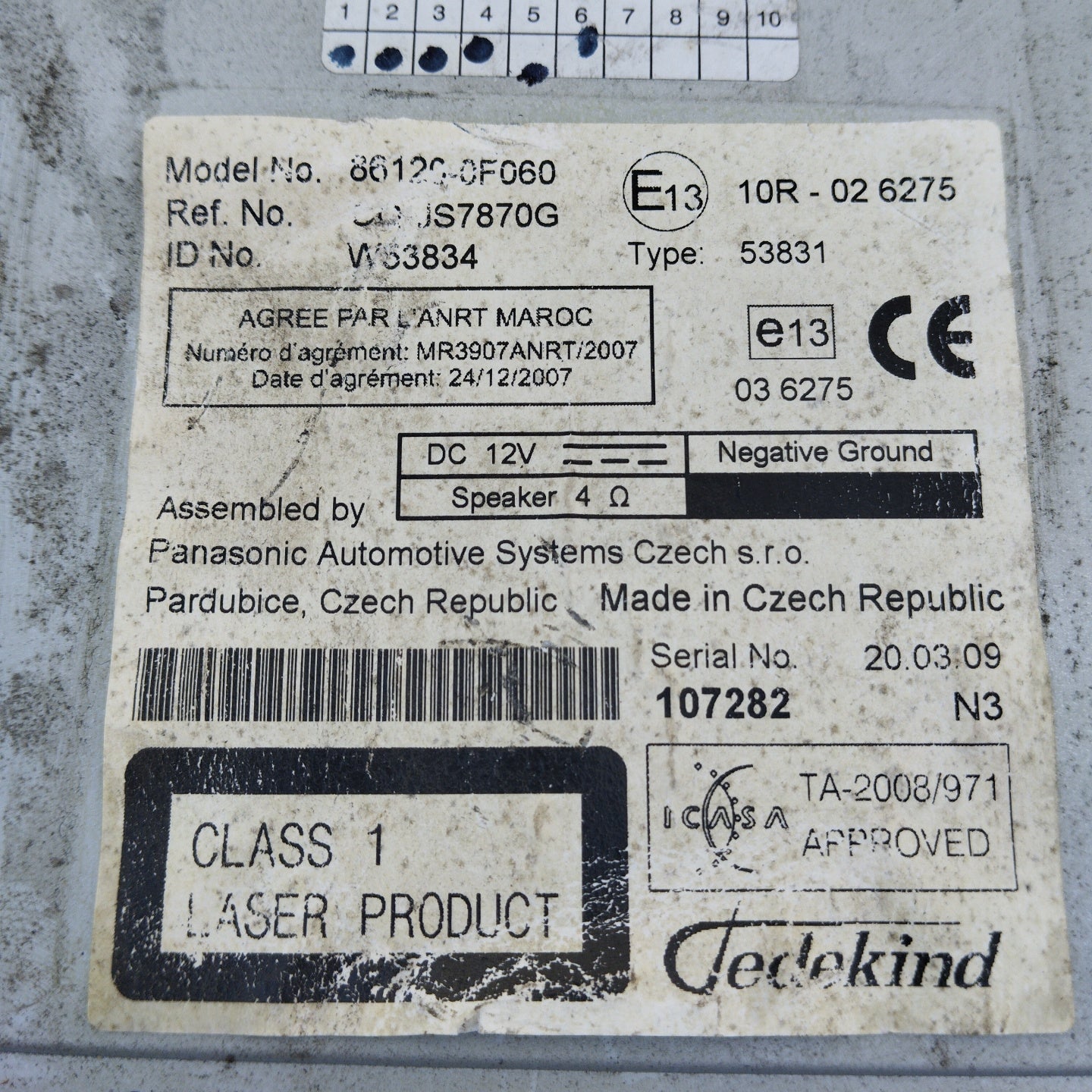 Toyota Verso 2009 Autoradio-Code 86120-0F060 ecoAG4575