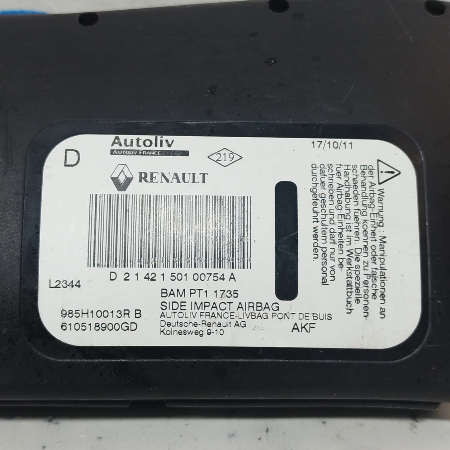 Right seat airbag Renault X-Mod 2012 code: 985H10013R ecoAC9507