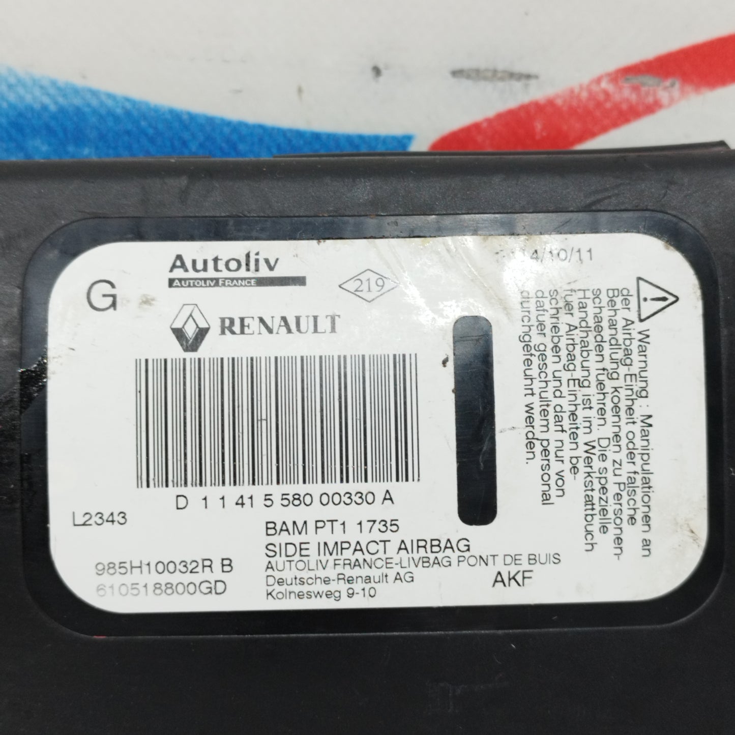 Left seat airbag Renault X-Mod 2012 code: 985H10032R ecoAC9506