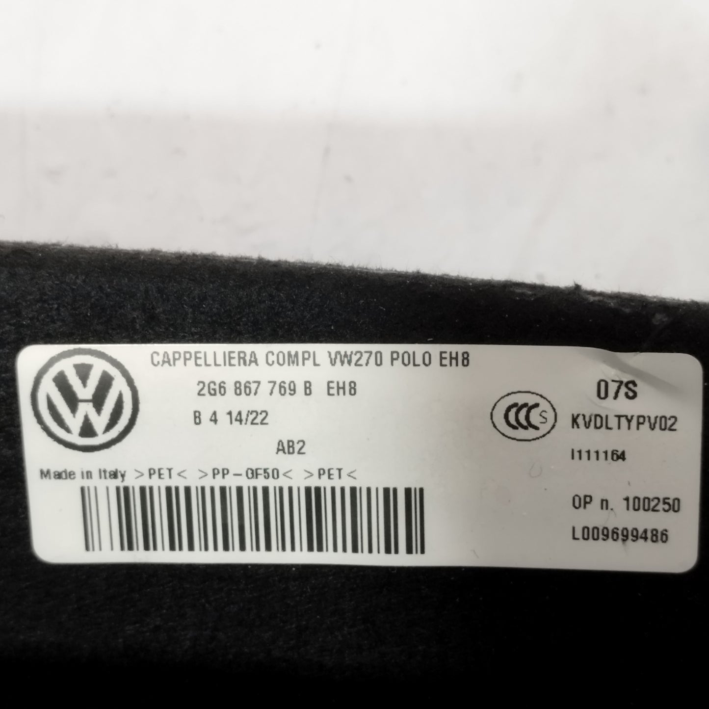 Cappelliera Volkswagen Polo 2022 Cod: 2G6867769B ecoAC13583