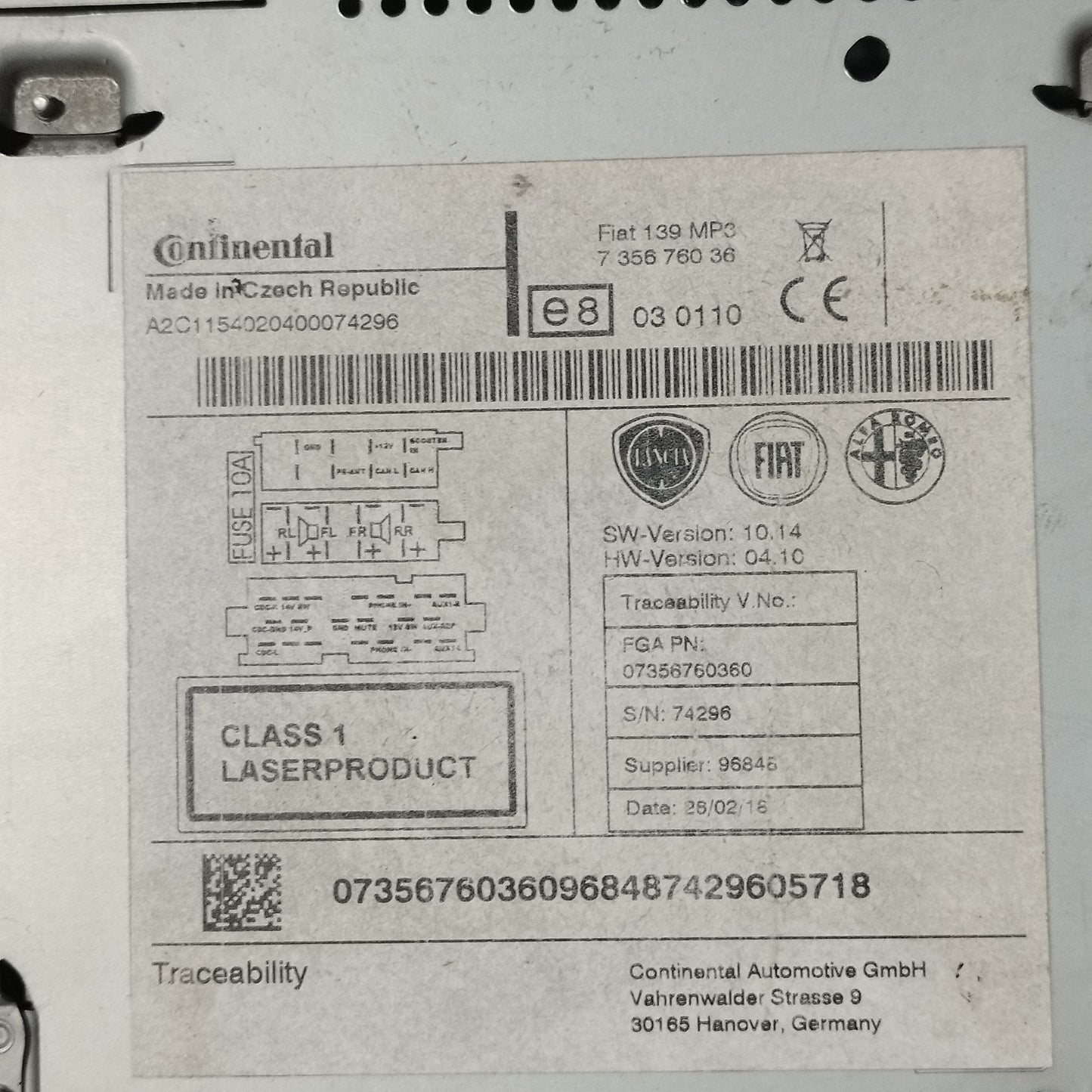 Autoradio Fiat New Panda 2015 Cod: 07356760360 ecoAC13190