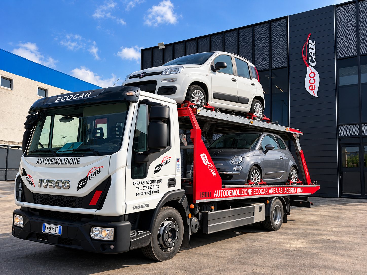 Il carro attrezzi Ecocar davanti alla sede di Acerra