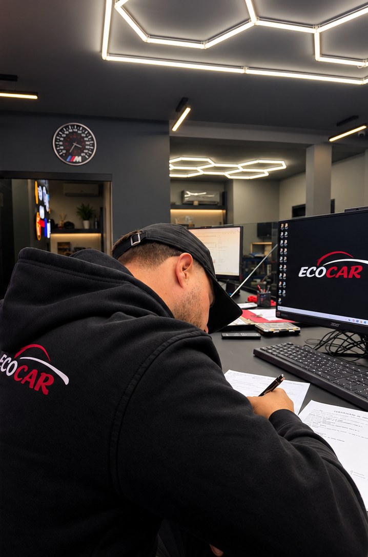Un operatore Ecocar al lavoro in ufficio ad Acerra