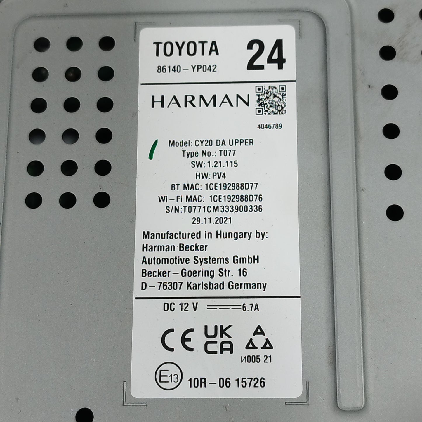 Toyota Yaris Cross 2021 Autoradio Code: 86140-YP042 ecoAC12011