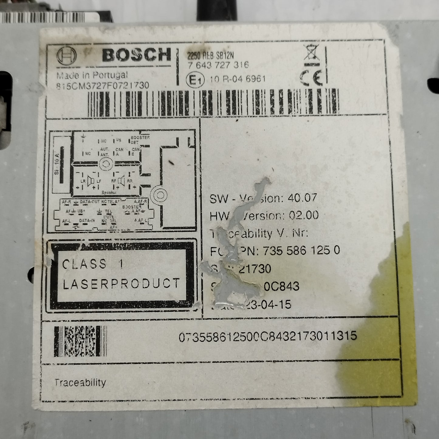 Autoradio Fiat Qubo 2014 Cod: 7355861250 ecoAC13383