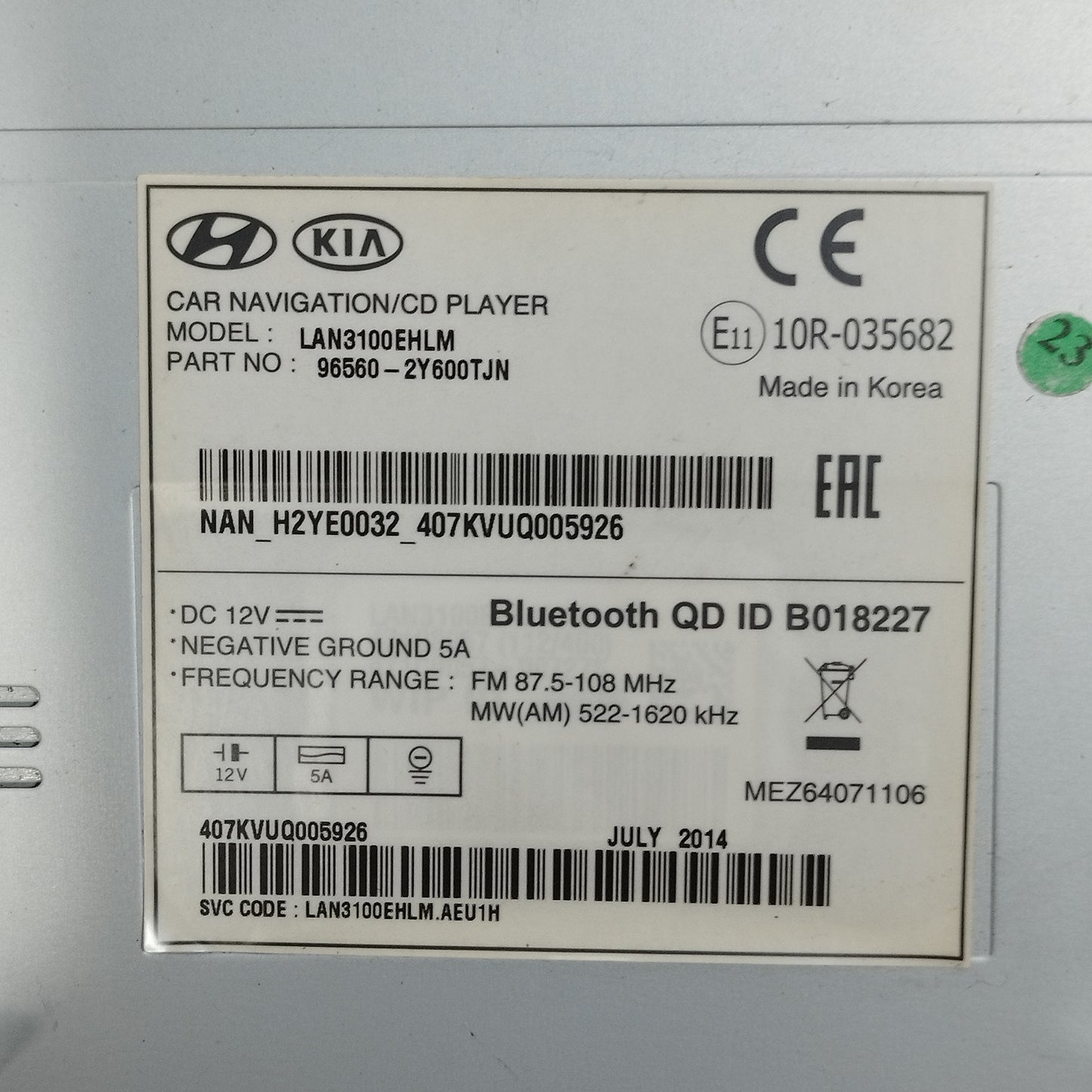 Hyundai IX35 2012 Autoradio Code: 96560-2Y600TJN ecoAC14053