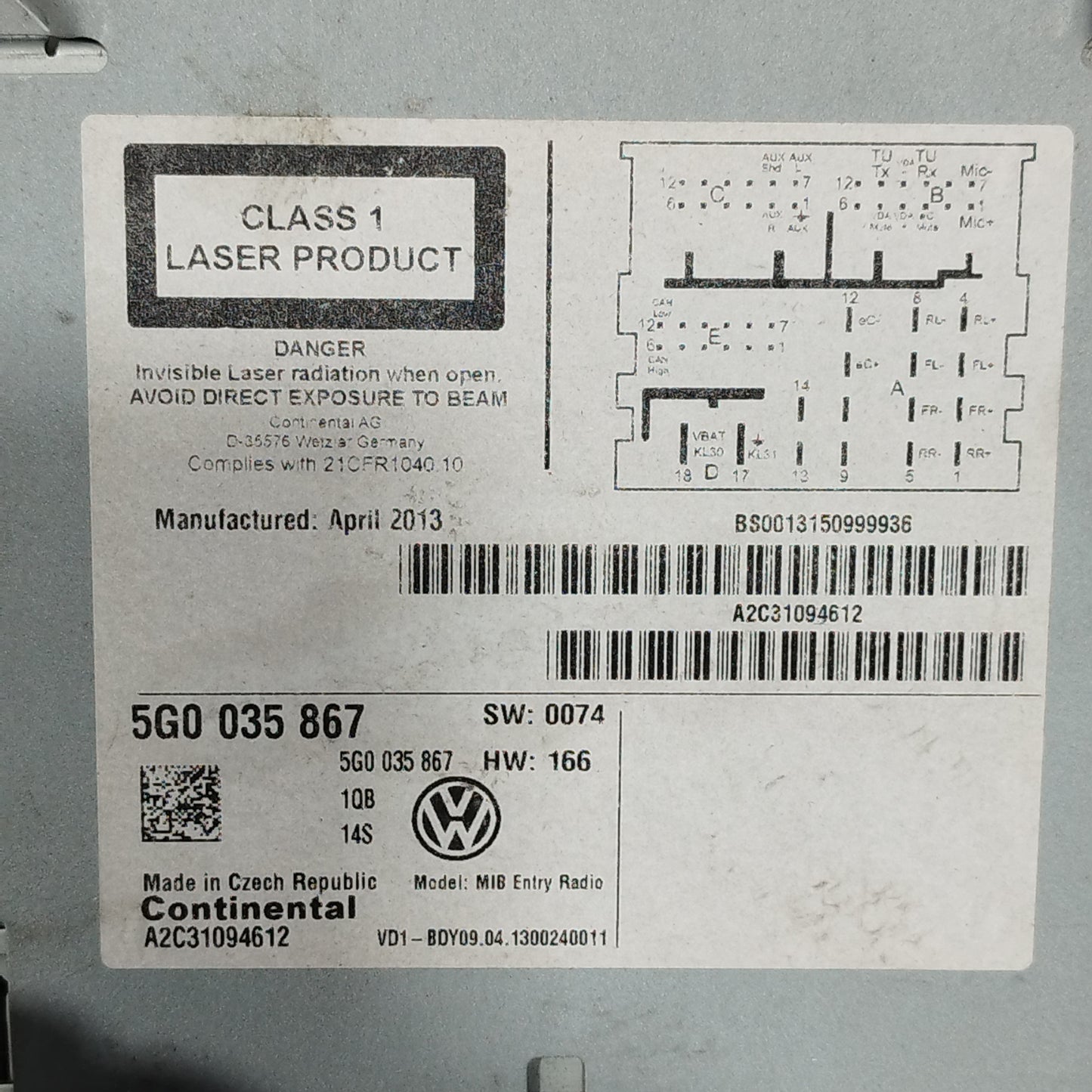 Autoradio Volkswagen Golf 7 2013 Cod: 5G0035867 ecoAC12181