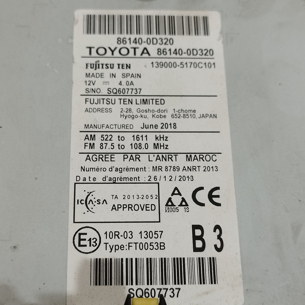Autoradio Toyota Yaris III (XP130 / P13) 2017-2020 Restyling cod: 86140-0D320 ecoAC16666