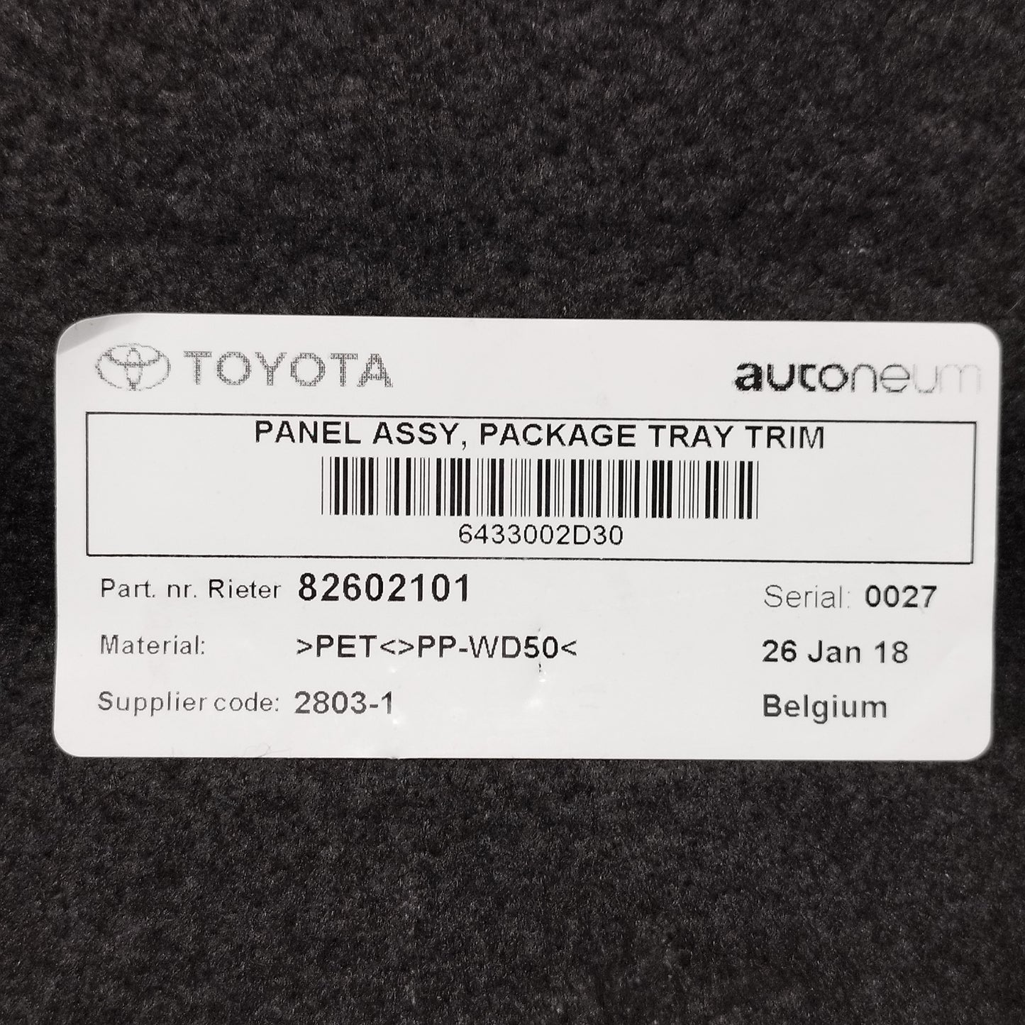 Trunk shelf / Parcel shelf Toyota Auris 2018 Cod: 82602101 ecoAC12087